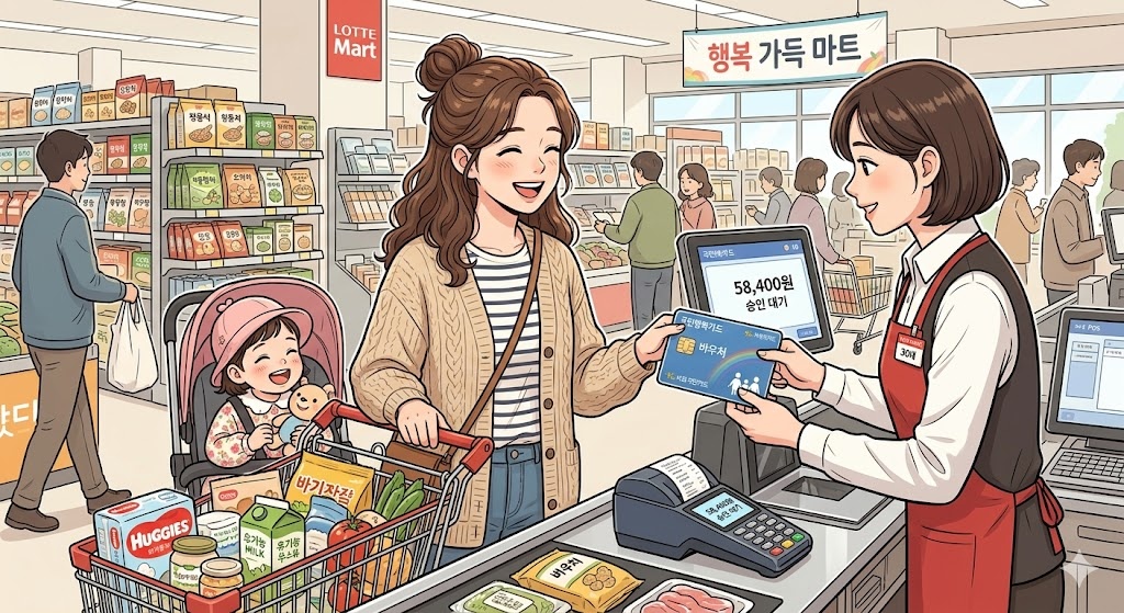 국민행복카드 사용하는 젊은 어머니의 모습