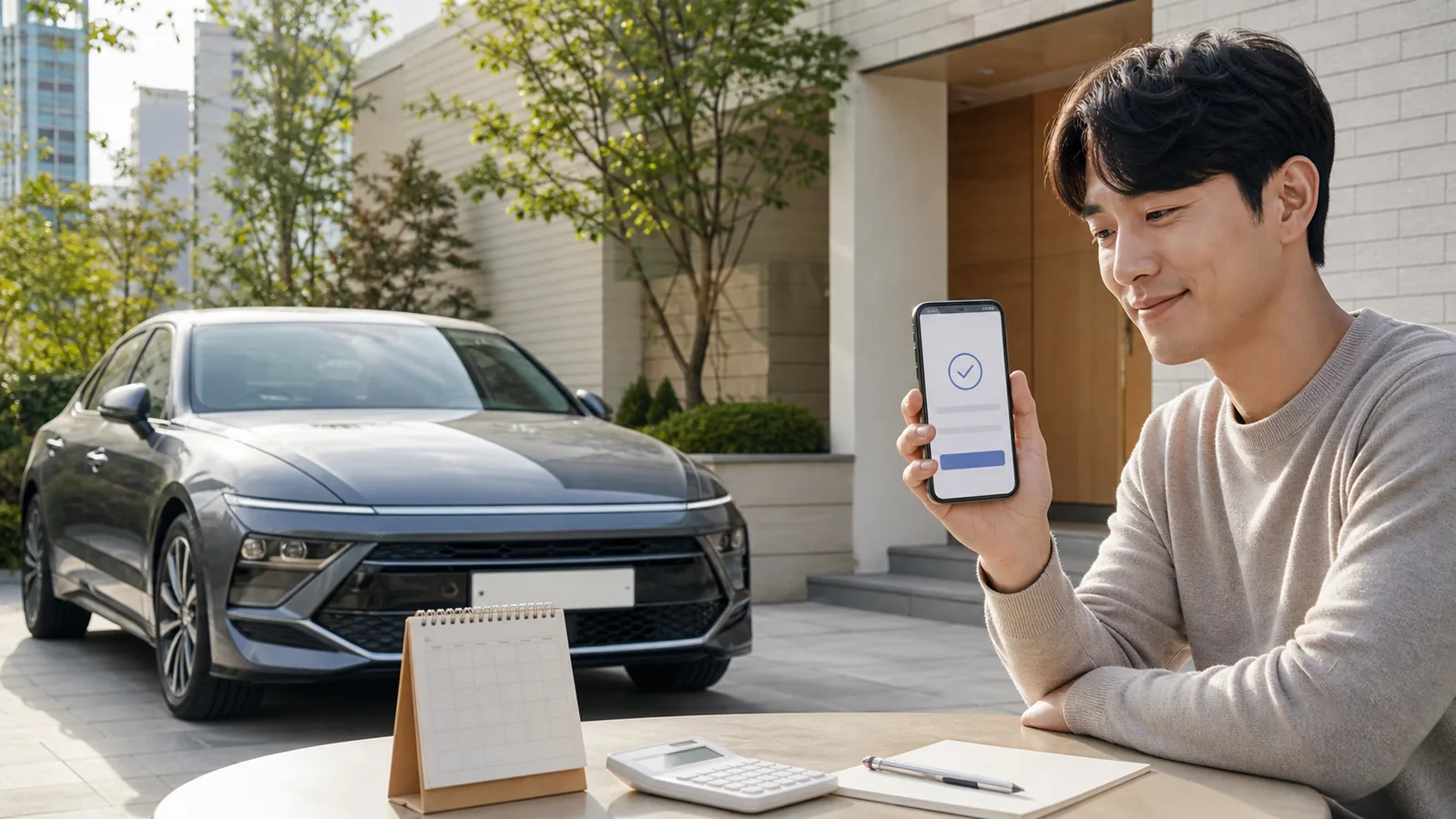 자동차 옆에서 스마트폰으로 자동차세 납부를 확인하는 운전자