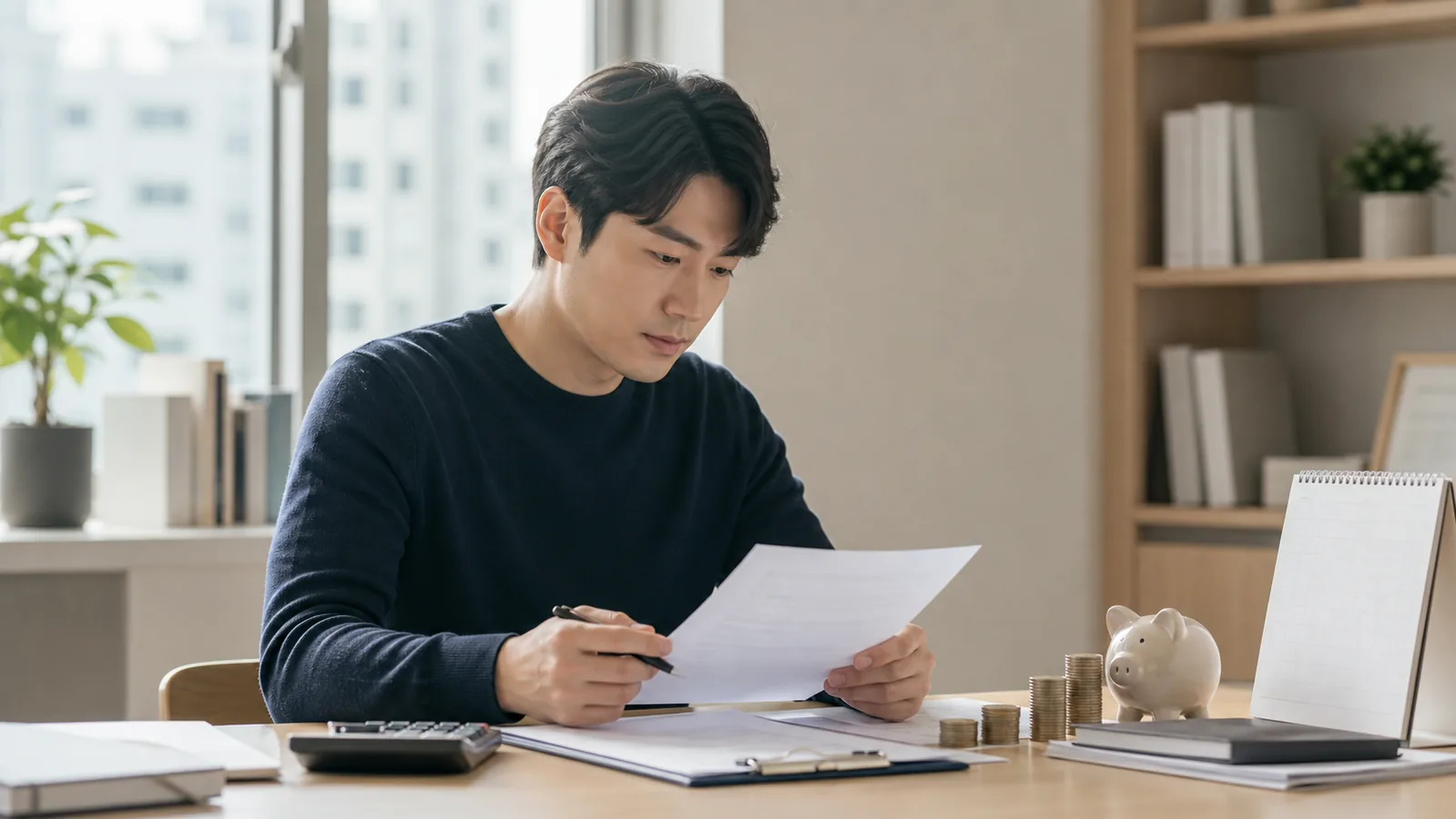 계산기와 달력 옆에서 퇴직금 계산 서류를 확인하는 직장인